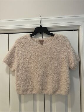 H&M Soft Fuzzy Short-Sleeve Crop Top in Light Beige